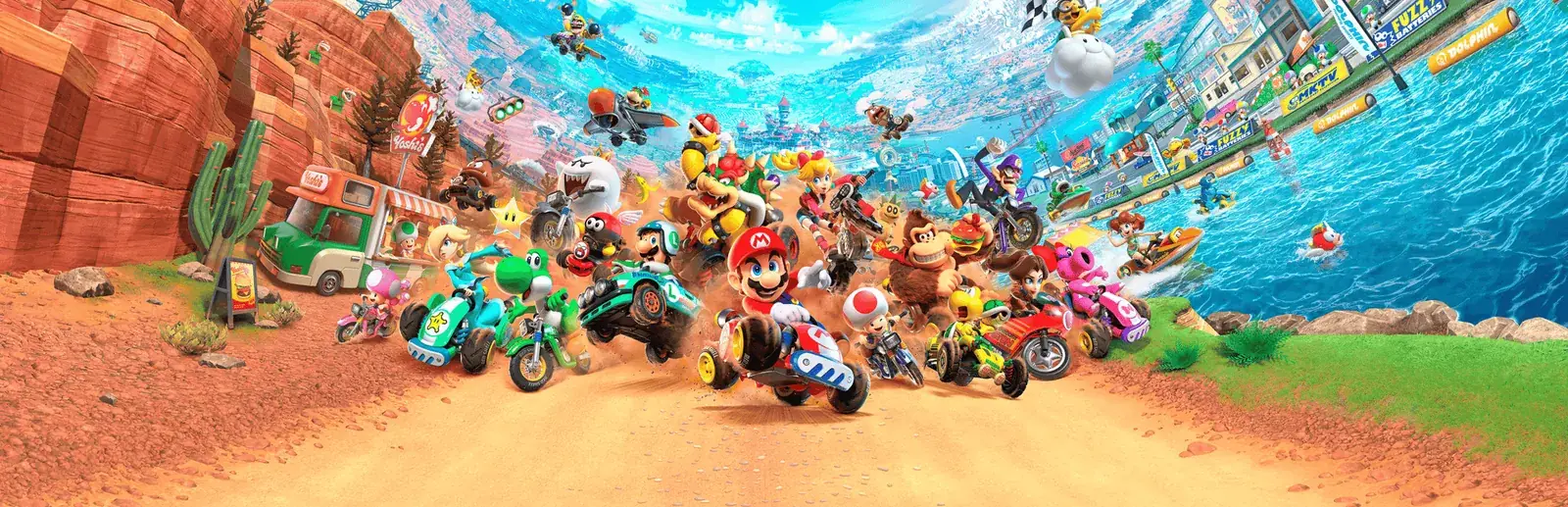 Illustration Mario Kart : les personnages lancés dans une course